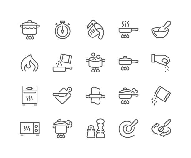 라인 아이콘을 요리 - steam saucepan fire cooking stock illustrations