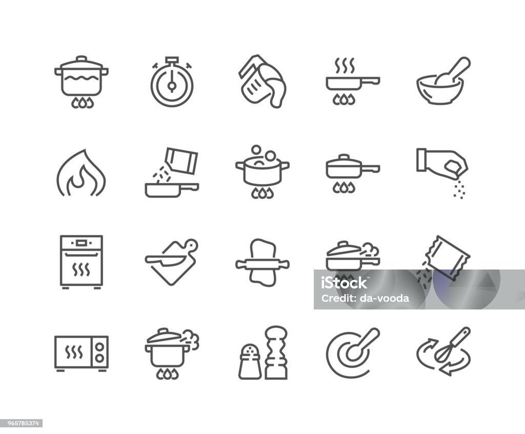 Line Cooking Icons Simple Set of Cooking Related Vector Line Icons. Contains such Icons as Frying Pan, Boiling, Flavoring, Blending and more. Editable Stroke. 48x48 Pixel Perfect. Icon Symbol stock vector