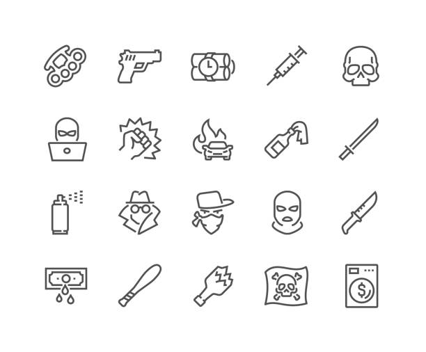 Line Crime Icons Simple Set of Crime Related Vector Line Icons. Contains such Icons as Robbery, Terrorism, Piracy, Hacking and more. Editable Stroke. 48x48 Pixel Perfect. pirate criminal illustrations stock illustrations