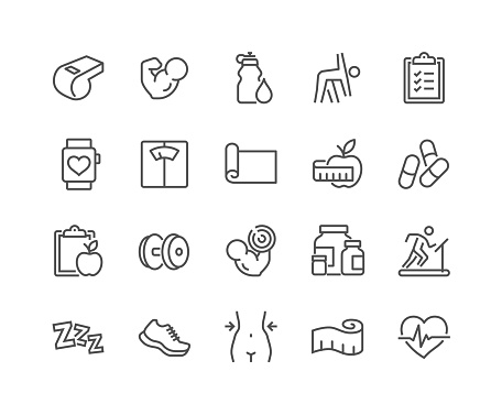 Simple Set of Fitness Related Vector Line Icons. Contains such Icons as Workout, Sleep, Diet Plan, Sport Supplements, Nutrition and more. Editable Stroke. 48x48 Pixel Perfect.