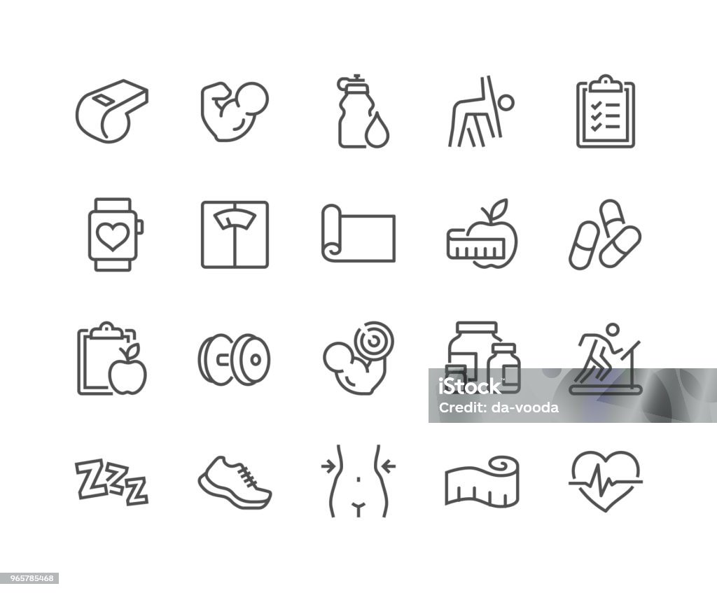 Line Fitness Icons Simple Set of Fitness Related Vector Line Icons. Contains such Icons as Workout, Sleep, Diet Plan, Sport Supplements, Nutrition and more. Editable Stroke. 48x48 Pixel Perfect. Icon stock vector