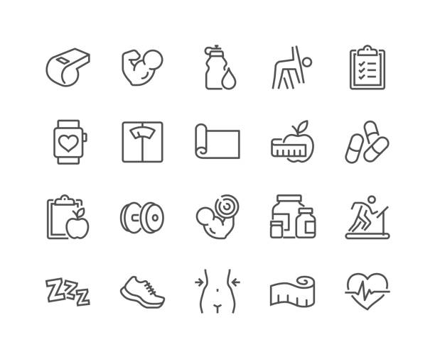 Line Fitness Icons Simple Set of Fitness Related Vector Line Icons. Contains such Icons as Workout, Sleep, Diet Plan, Sport Supplements, Nutrition and more. Editable Stroke. 48x48 Pixel Perfect. gym drawings stock illustrations