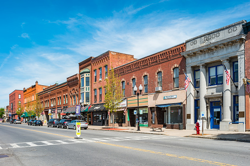 Stock photograph of shop facades in downtown Seneca Falls, Finger lakes region, upstate New York State, USA on a sunny day.