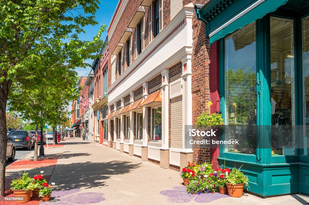 Downtown Seneca Falls Finger Lakes region New York State USA Stock photograph of businesses in downtown Seneca Falls, Finger Lakes region, upstate New York State, USA on a sunny day. Store Stock Photo