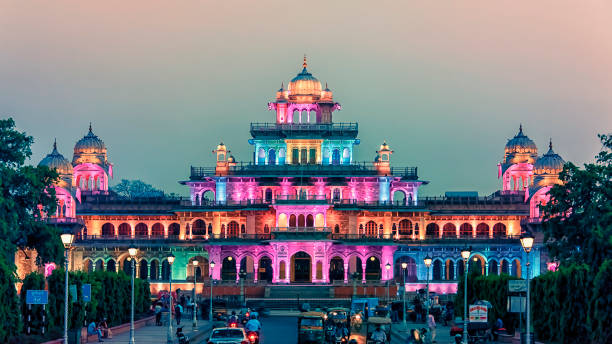Albert Hall museum April 2018 - Jaipur, India - Facade of the Albert Hall museum at sunset in Jaipur. The Albert Hall Museum is a museum in Jaipur in Rajasthan, India. It is the oldest museum of the state and functions as the State museum of Rajasthan. maharaja day stock pictures, royalty-free photos & images