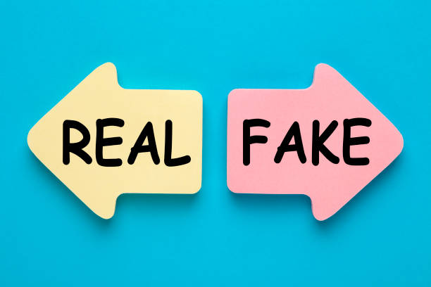 Fake or Real Concept Fake or Real written in paper arrows on blue background. Business concept. real life stock pictures, royalty-free photos & images