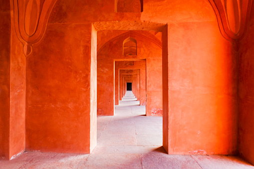 Architectural detail of diminishing doorways at the Taj Mahal in Agra, India.