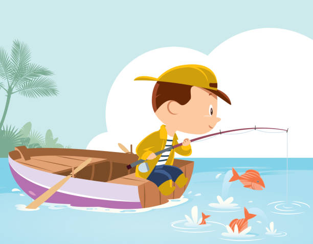 illustrazioni stock, clip art, cartoni animati e icone di tendenza di ragazzino che pesca - nautical vessel fishing child image