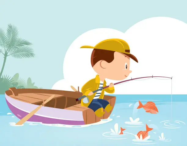 Vector illustration of Little boy fishing