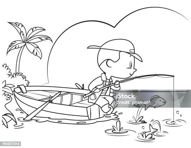 Coloring Book Little Boy Fishing Stock Illustration - Download Image Now - Child, Coloring Book Page - Illlustration Technique, Palm Tree