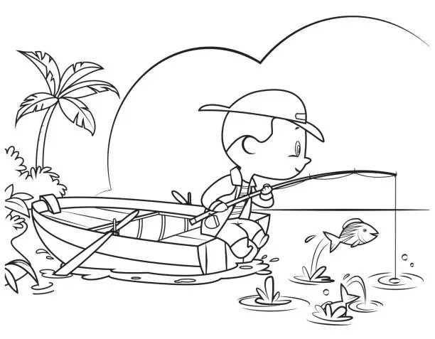 Vector illustration of Coloring Book, Little boy fishing