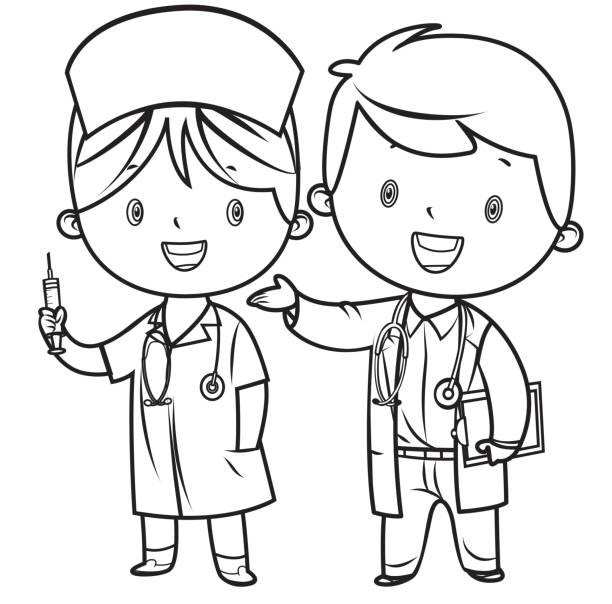 ilustrações de stock, clip art, desenhos animados e ícones de coloring book, little doctor and nurse - family cartoon child little girls