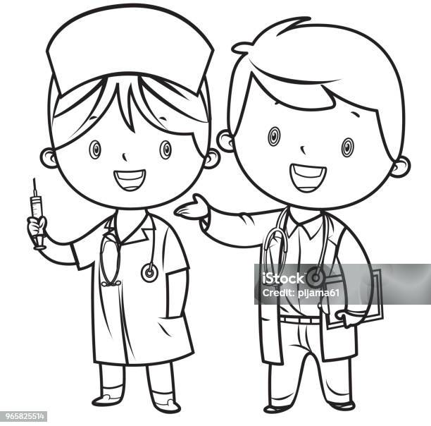 Coloring Book Little Doctor And Nurse Stock Illustration - Download Image Now - Doctor, Child, Coloring