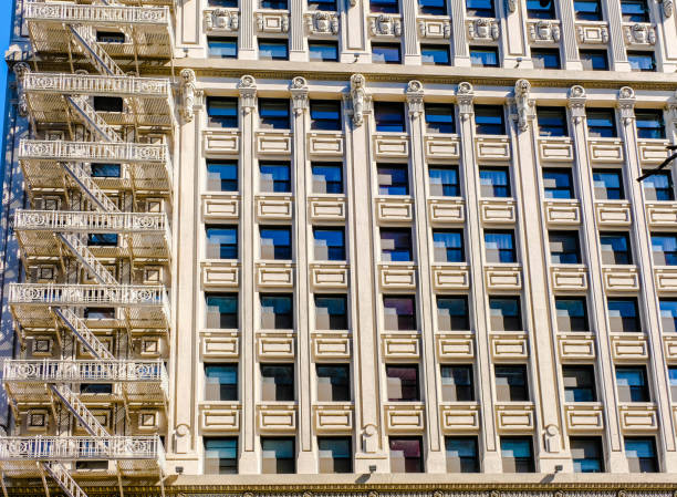 408 S Hill street, downtown Los Angeles. Turn of the century architectural detail with iron fire escape staircase. Near Pershing Square.
