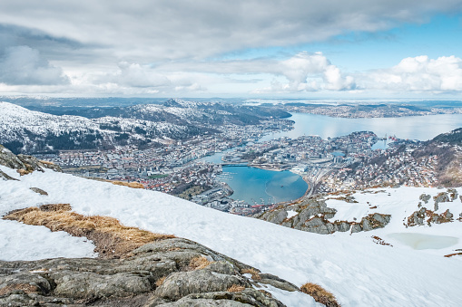 Shot from the mountain range of Bergen, overlooking the city of Bergen and its port