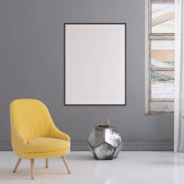 istock Hipster interior scene with pastel colored armchair and picture frame template 965850196