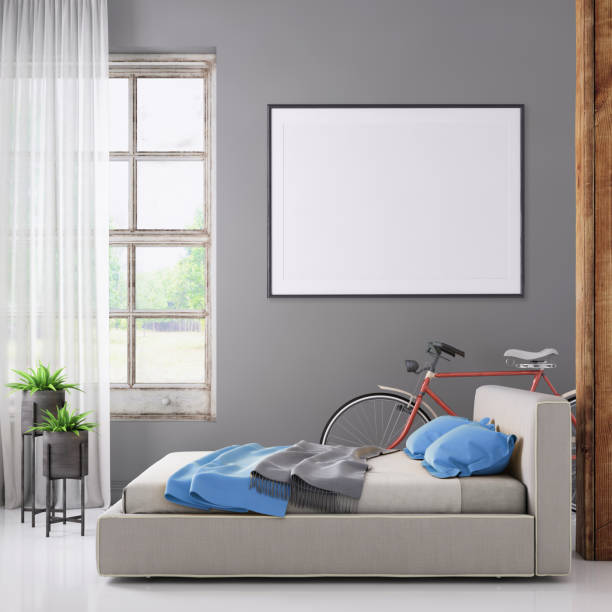 istock Bedroom interior with pastel colored bed and picture frame template 965850218