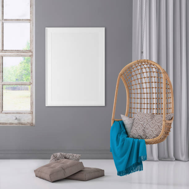 istock Modern interior with pendant chair and picture frame template 965850232