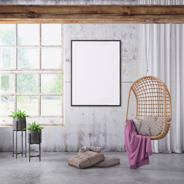 istock Modern interior with pendant chair and picture frame template 965850246