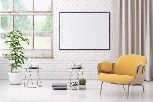 istock Modern interior with pastel colored armchair and picture frame template 965850284