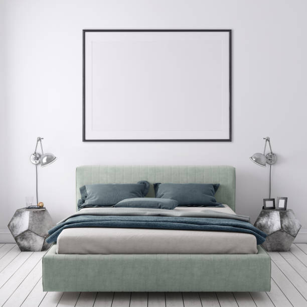istock Bedroom interior with pastel colored bed and picture frame template 965850308