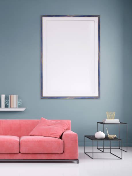 istock Modern interior apartment with pastel colored sofa and picture frame template 965850326