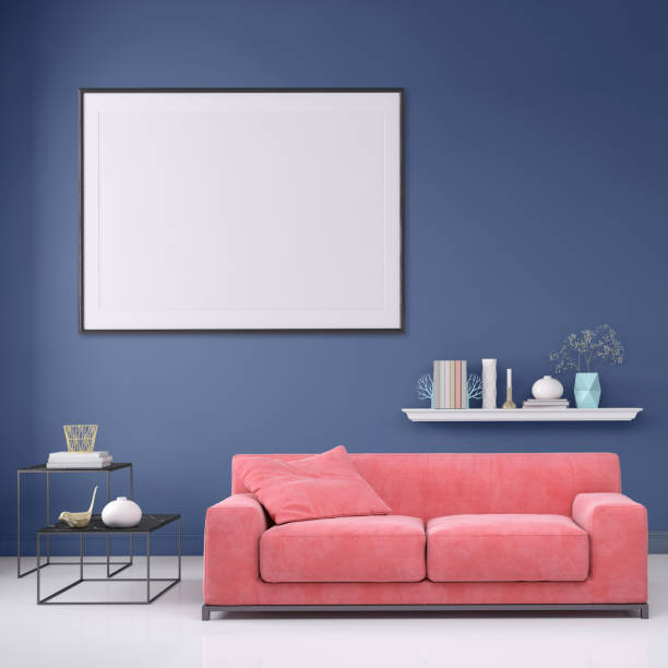 istock Modern interior apartment with pastel colored sofa and picture frame template 965850328