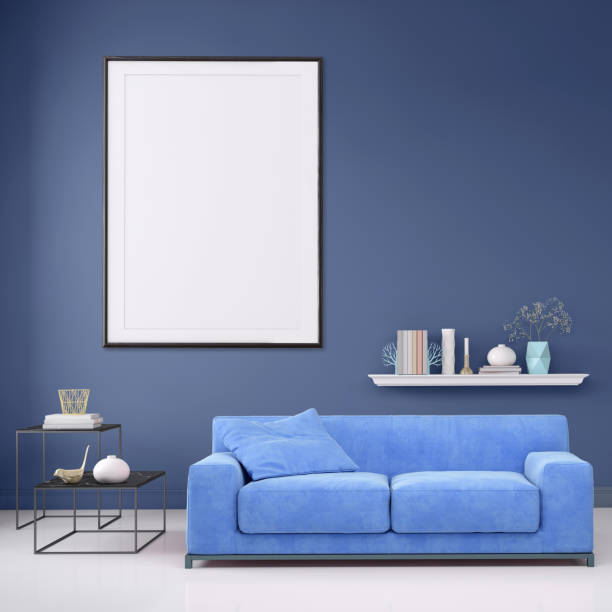 istock Modern interior apartment with pastel colored sofa and picture frame template 965850354