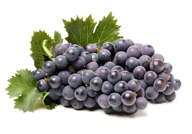 istock Fresh bunch of grapes with leaves isolated on white background 965898134
