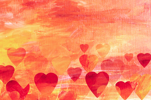 Abstract Hearts painted with acrylic colors on yellow acrylic colored canvas.  My own work.