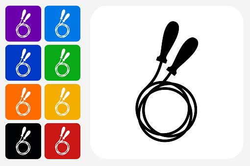 Jump Rope Icon Square Button Set. The icon is in black on a white square with rounded corners. The are eight alternative button options on the left in purple, blue, navy, green, orange, yellow, black and red colors. The icon is in white against these vibrant backgrounds. The illustration is flat and will work well both online and in print.
