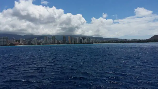 Waikiki Beach Honolulu Skyline below Clouds and Blue Sky