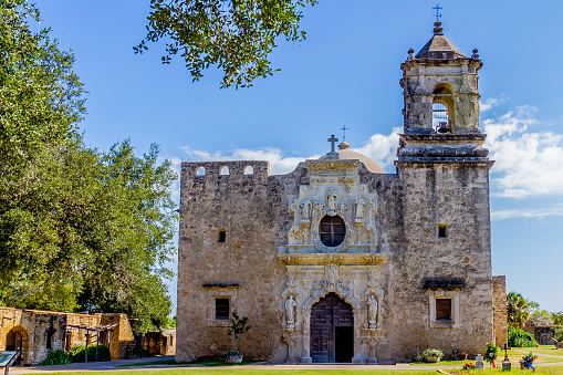 The Beautiful Intricately Carved North Entrance of the Historic Old West Spanish Mission San Jose, Founded in 1720, San Antonio, Texas, USA.  Part of a National Park System.