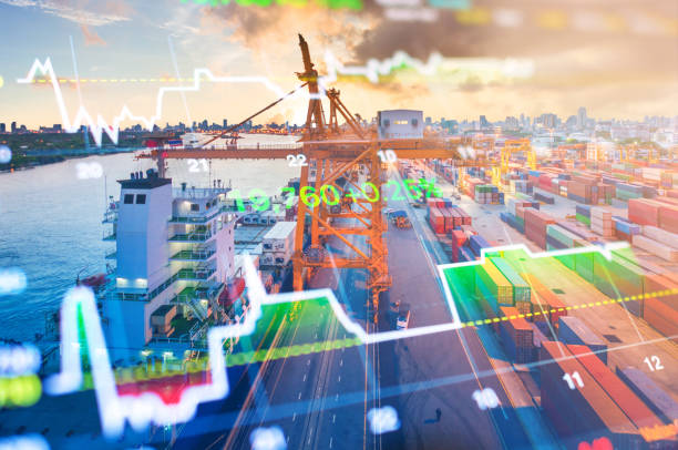 istock Crane cargo market and finance economic background 965923676