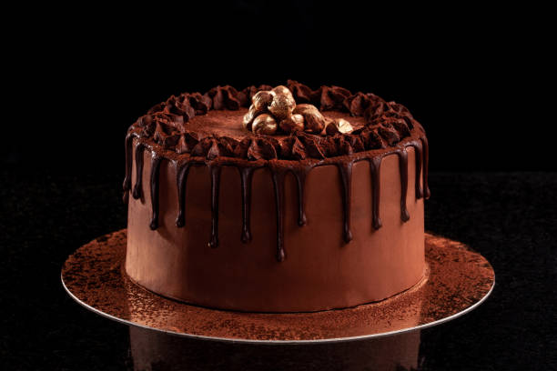 ciasto czekoladowe z orzechami na czarnym tle - food still life sweet food pudding zdjęcia i obrazy z banku zdjęć