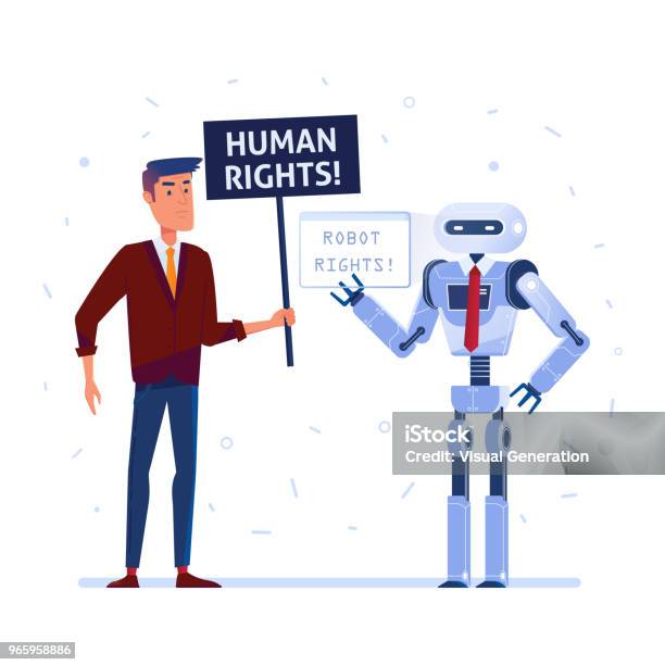 Roboter Und Menschen Kämpfen Für Die Rechte Stock Vektor Art und mehr Bilder von Aktivist - Aktivist, Ausrüstung und Geräte, Bestellen
