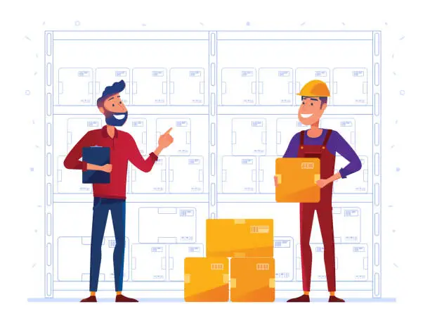 Vector illustration of Warehouse workers are storing boxes on the rack