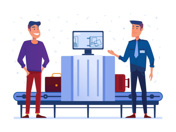 illustrations, cliparts, dessins animés et icônes de garde de sécurité douanière sur le point de contrôle aux rayons x à l’aéroport - airport isometric airport security x ray