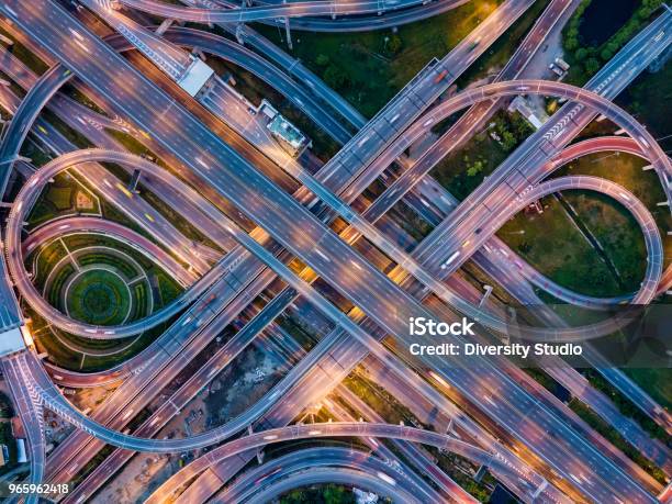 Top View Of Highway Road Junctions At Night The Intersecting Freeway Road Overpass The Eastern Outer Ring Road Of Bangkok Thailand Stock Photo - Download Image Now