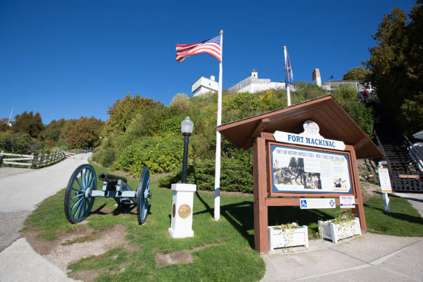 Mackinac Island, Michigan, USA - October 10, 2016:  Fort Mackinac is a British built fort that was later occupied by the American military during the American Revolutionary war and the fight for US independence.   It remains today as a historical tourist attraction, educating the public about its historical significance.