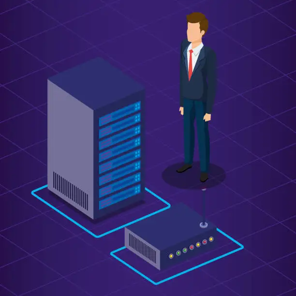 Vector illustration of data center technology and business person isometric