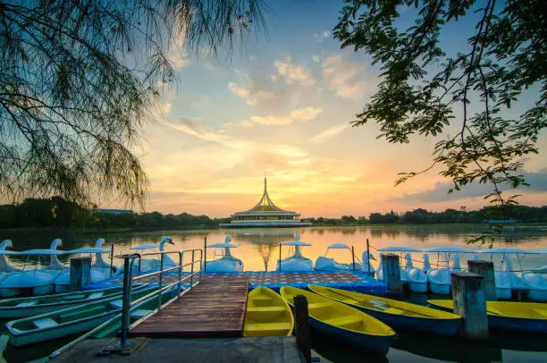 Rama IX Park is the largest green space in Bangkok, Thailand, with a beautiful botanical garden and large lake.