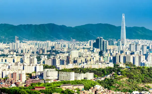 Cityscape of city Seoul and  Lotte world mall with traffic highway , South Korea
