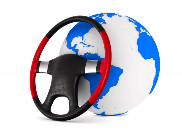istock Steering wheel and globe on white background. Isolated 3D illustration 966004222