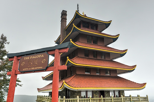 American Pagoda in Reading, Pennsylvania on a cloudy day.