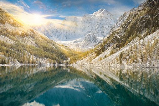 Snow winter mountain lake bright and early, Russia, Siberia, Altai mountains, Chuya ridge.