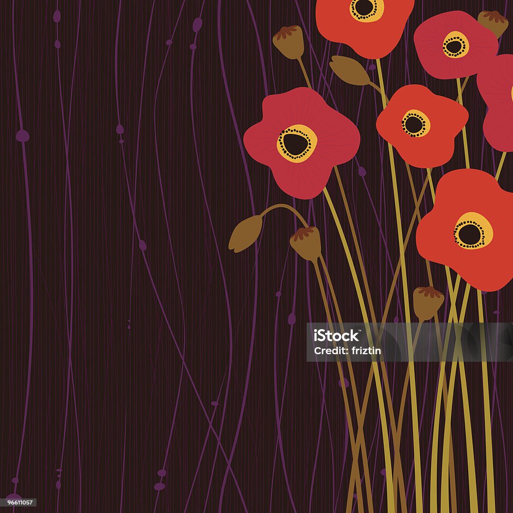 Poppy flowers Chocolate brown background with red and hot pink poppy flowers and flower buds. Space for copy/text. Layered vector file, for easy manipulation. Background texture is a seamless pattern that can be tiled when turning off the top layers(this makes the file easily customizable to any size/format, just by tiling the background texture and resizing the top layers to fit your work area). Bleeding objects are complete, so you can move them around (clipping mask used). Vector software is needed to edit the layers. Poppy - Plant stock vector