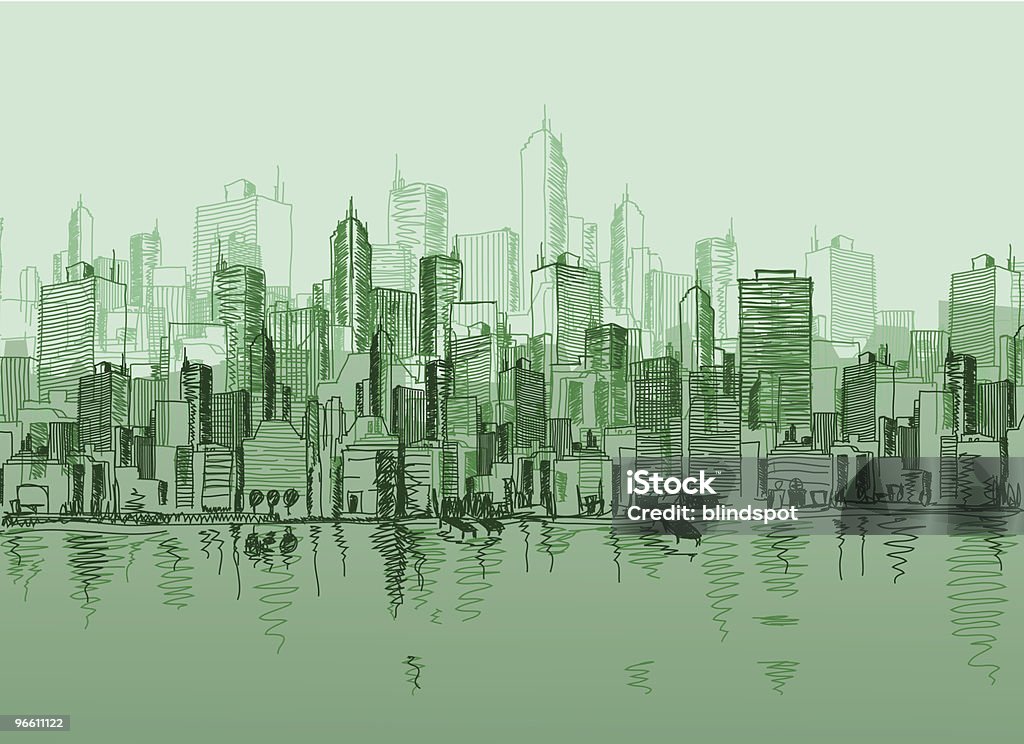 Vector sketch of the a cityscape in various green tones Urban Skyline stock vector