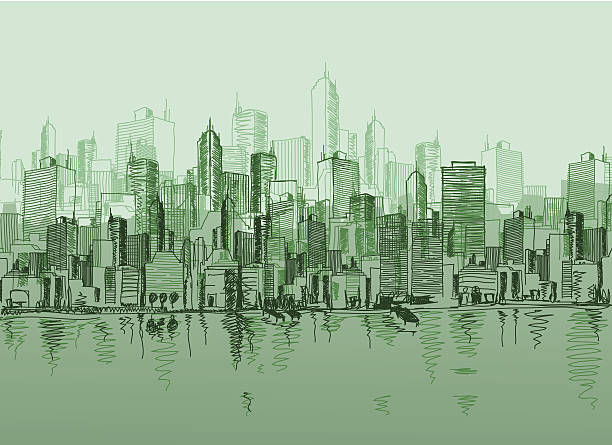 Vector sketch of the a cityscape in various green tones Vector sketch of the a cityscape in various green tones urban skyline illustrations stock illustrations