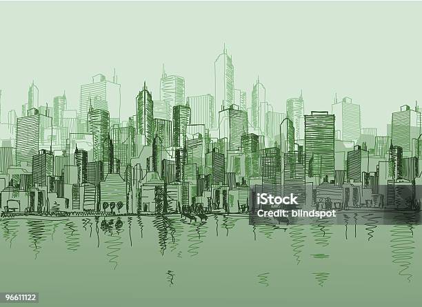 Vector Sketch Of The A Cityscape In Various Green Tones Stock Illustration - Download Image Now